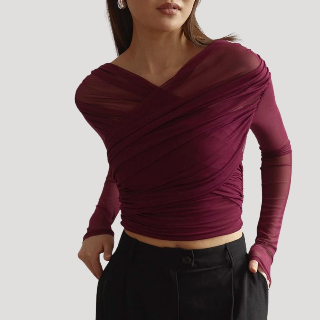 Sabina | Damen Frühlings Transparentes Wickel-Oberteil mit Langarm