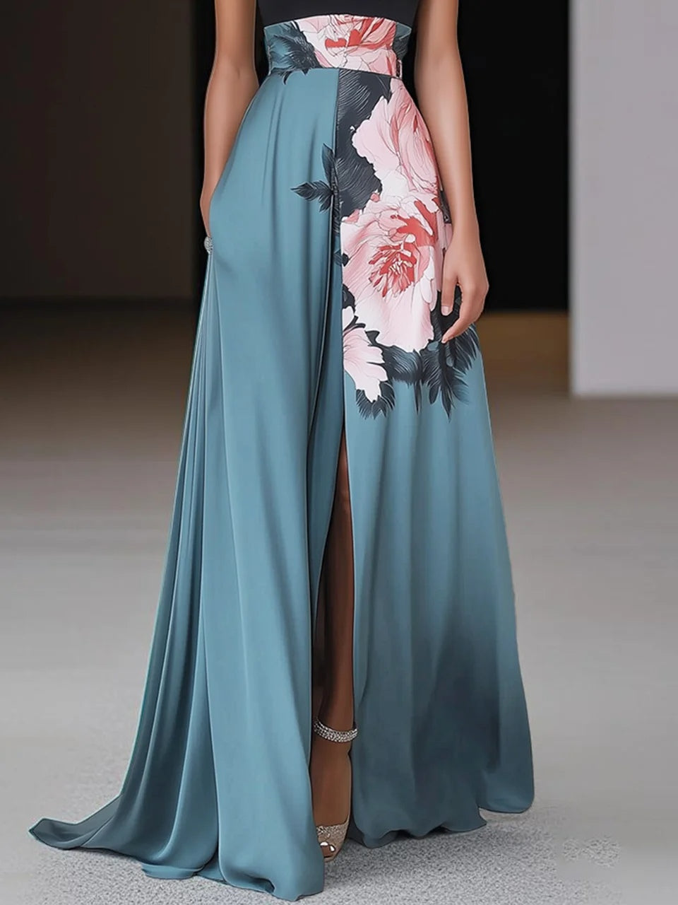 Angela | Damen Schickes Schwarzes Geschlitztes Florales Klassisches Rundhals Ärmelloses A-Linie Maxikleid