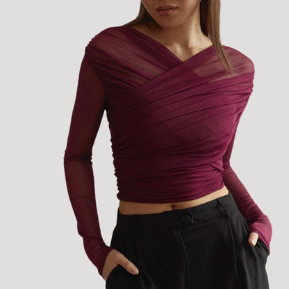 Sabina | Damen Frühlings Transparentes Wickel-Oberteil mit Langarm
