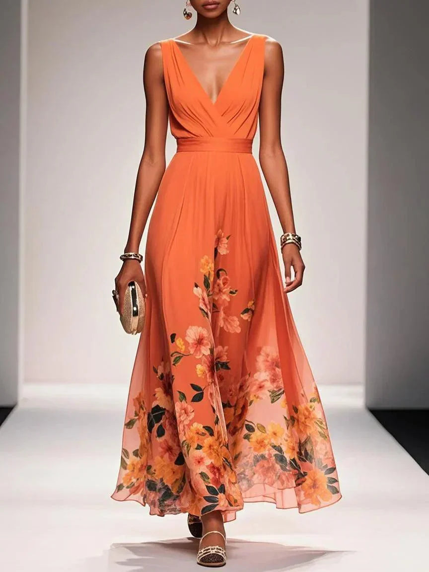 Carolin | Damen Florales Chiffon Sommer Maxikleid