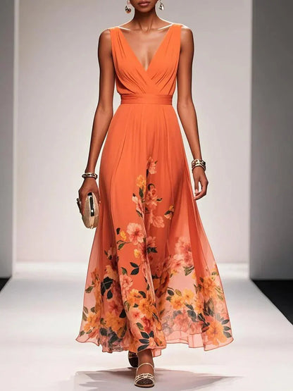 Carolin | Damen Florales Chiffon Sommer Maxikleid