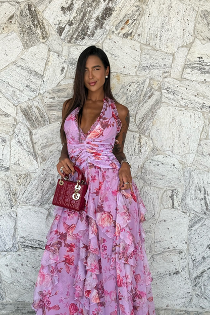 Coral | Women's Floral Sleeveless Ruffle Maxi Wedding Guest Dress