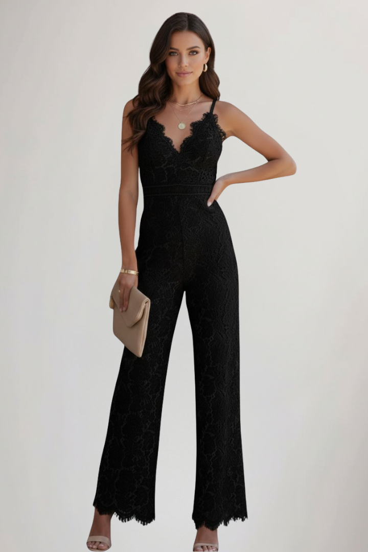 Johanna | Damen Ärmelloser Spitzen-V-Ausschnitt Wide-Leg Jumpsuit
