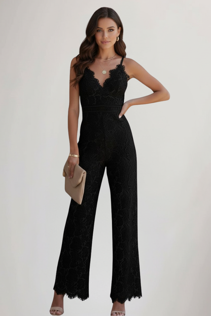 Johanna | Damen Ärmelloser Spitzen-V-Ausschnitt Wide-Leg Jumpsuit