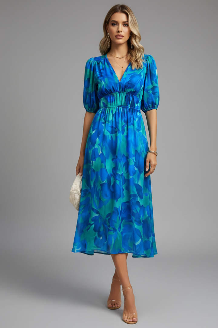 Kerstin | Damen geblümtes Midikleid mit Puffärmeln