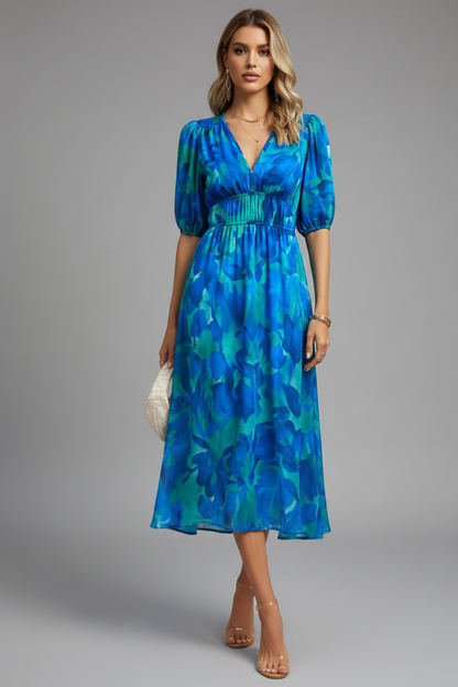 Kerstin | Damen geblümtes Midikleid mit Puffärmeln