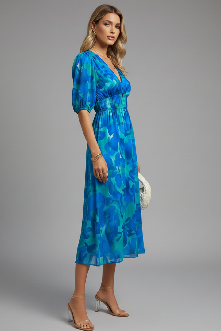 Kerstin | Damen geblümtes Midikleid mit Puffärmeln