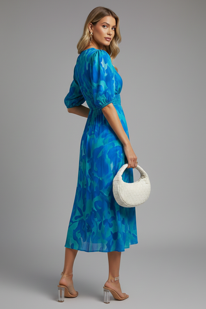 Kerstin | Damen geblümtes Midikleid mit Puffärmeln