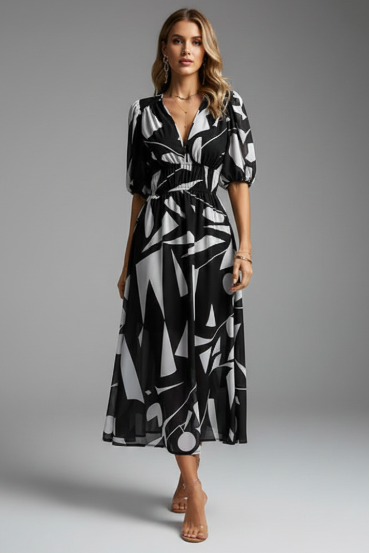Kerstin | Damen geblümtes Midikleid mit Puffärmeln