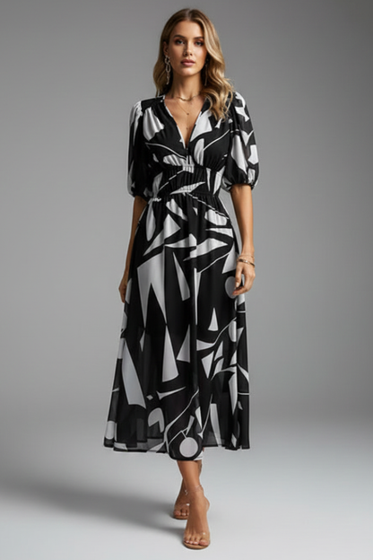 Kerstin | Damen geblümtes Midikleid mit Puffärmeln
