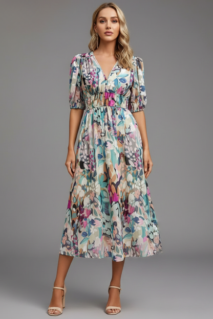 Kerstin | Damen geblümtes Midikleid mit Puffärmeln