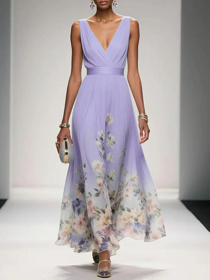Carolin | Damen Florales Chiffon Sommer Maxikleid