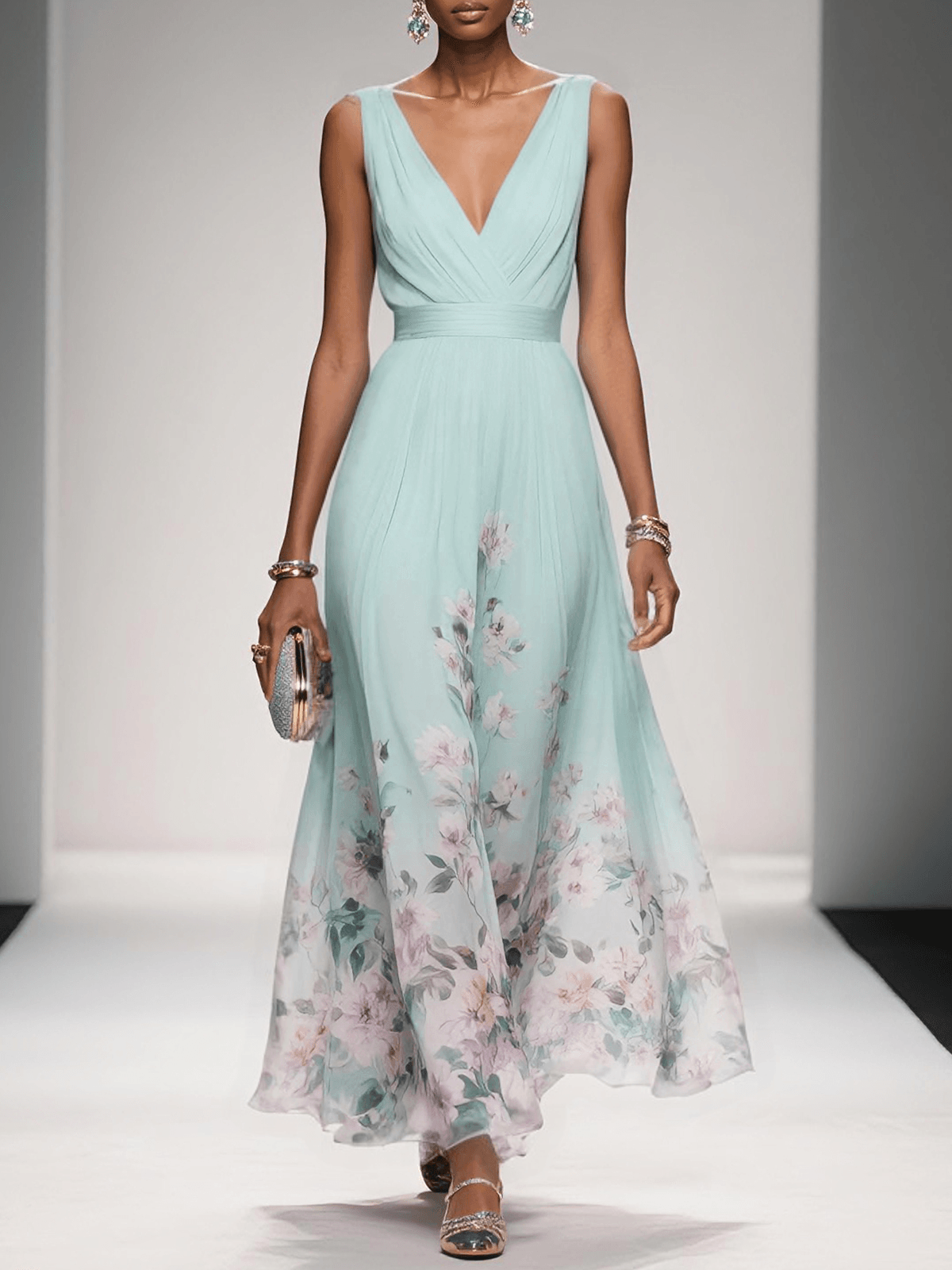 Carolin | Damen Florales Chiffon Sommer Maxikleid