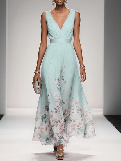 Carolin | Damen Florales Chiffon Sommer Maxikleid