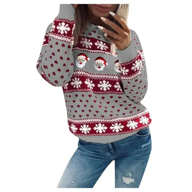 Emilia | Damen-Weihnachtspullover mit Weihnachtsmann- und Schneeflockenmuster