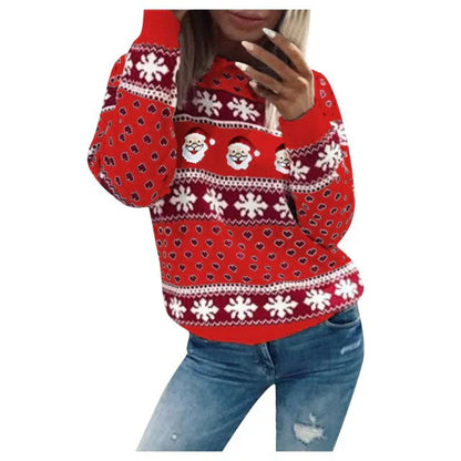 Emilia | Damen-Weihnachtspullover mit Weihnachtsmann- und Schneeflockenmuster